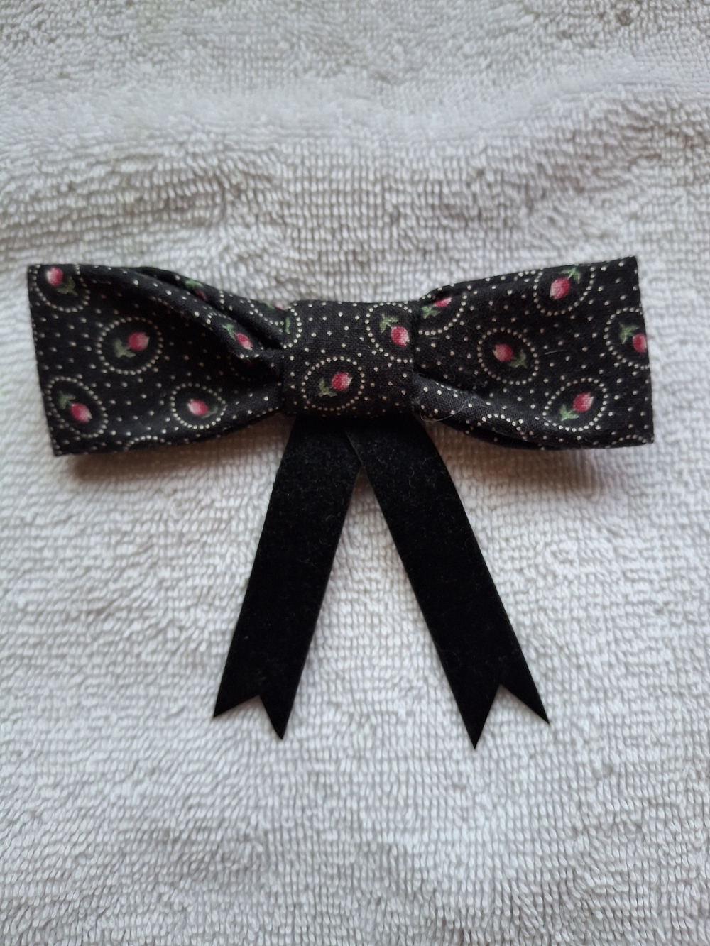 Black Floral Bow Brooch with Pink Rosebud Accents Black Velvet Pin Back Neck Tie